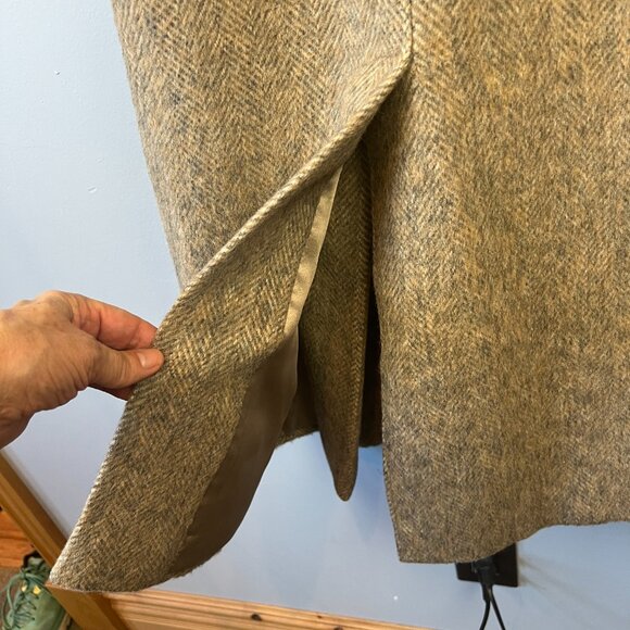 Vintage Perry Ellis Wool Tan Gray Tweed Double Breasted Coat Pockets Minimalist - Picture 6 of 11